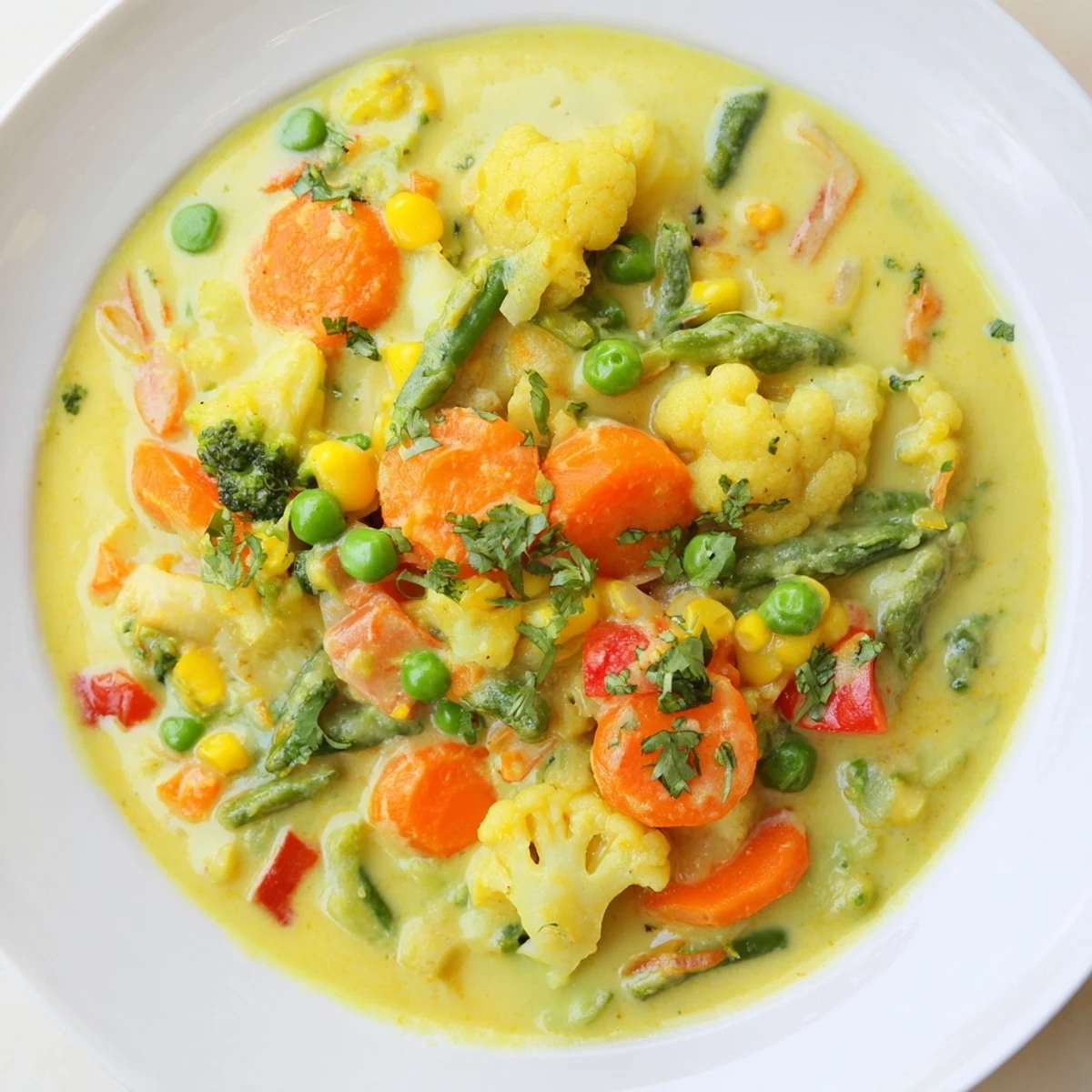 Steaming veggie coconut curry with bright greens and orange carrots, ready to serve with rice.