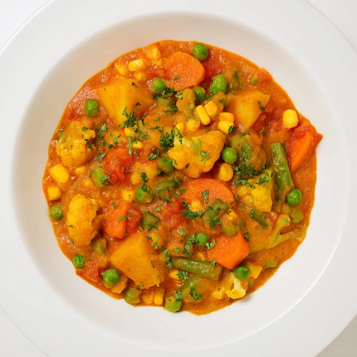 A hearty bowl of Veggie Coconut Curry, showcasing colorful vegetables in a rich, creamy sauce.