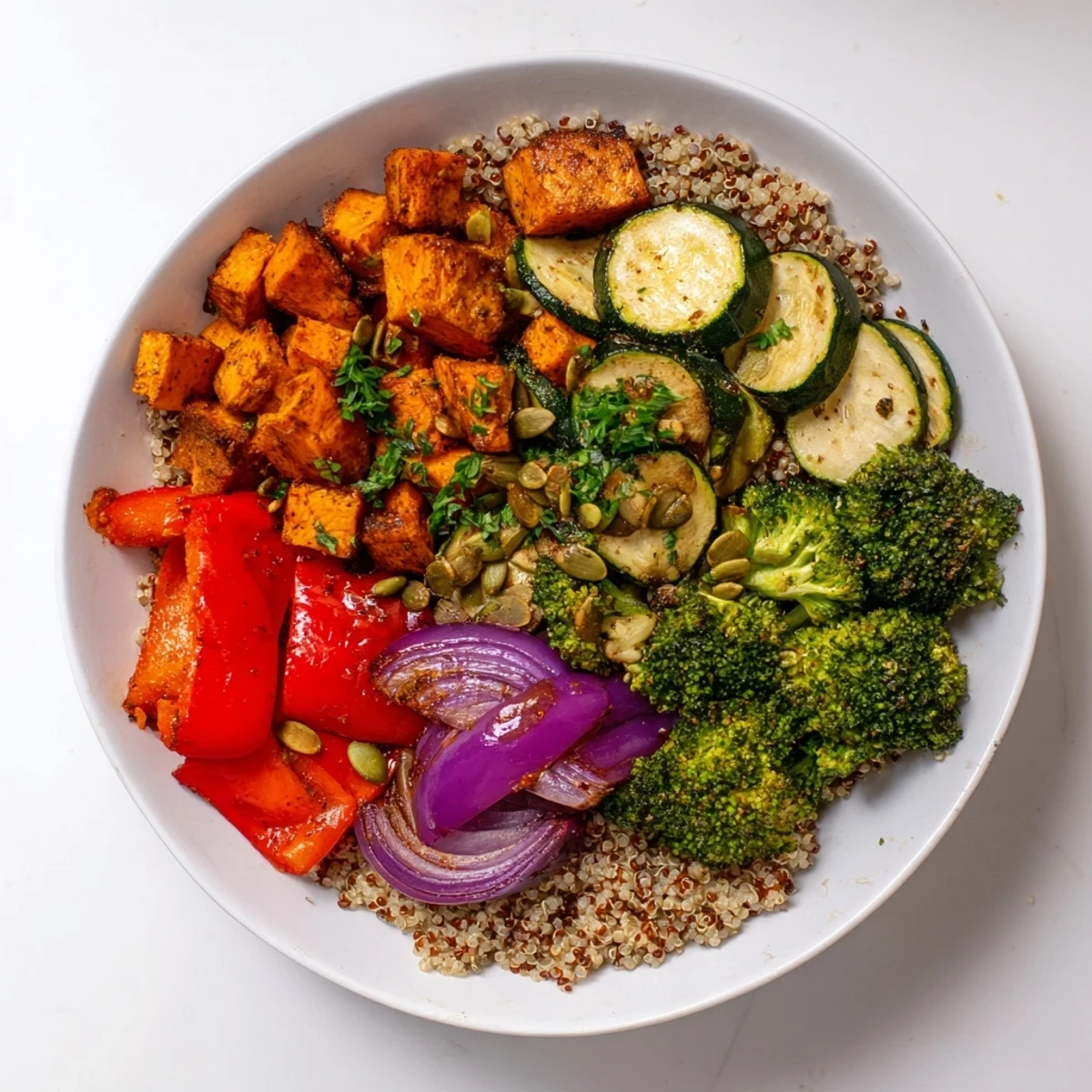 View a close-up of a plated quinoa bowl with roasted seasonal vegetables and tahini dressing.