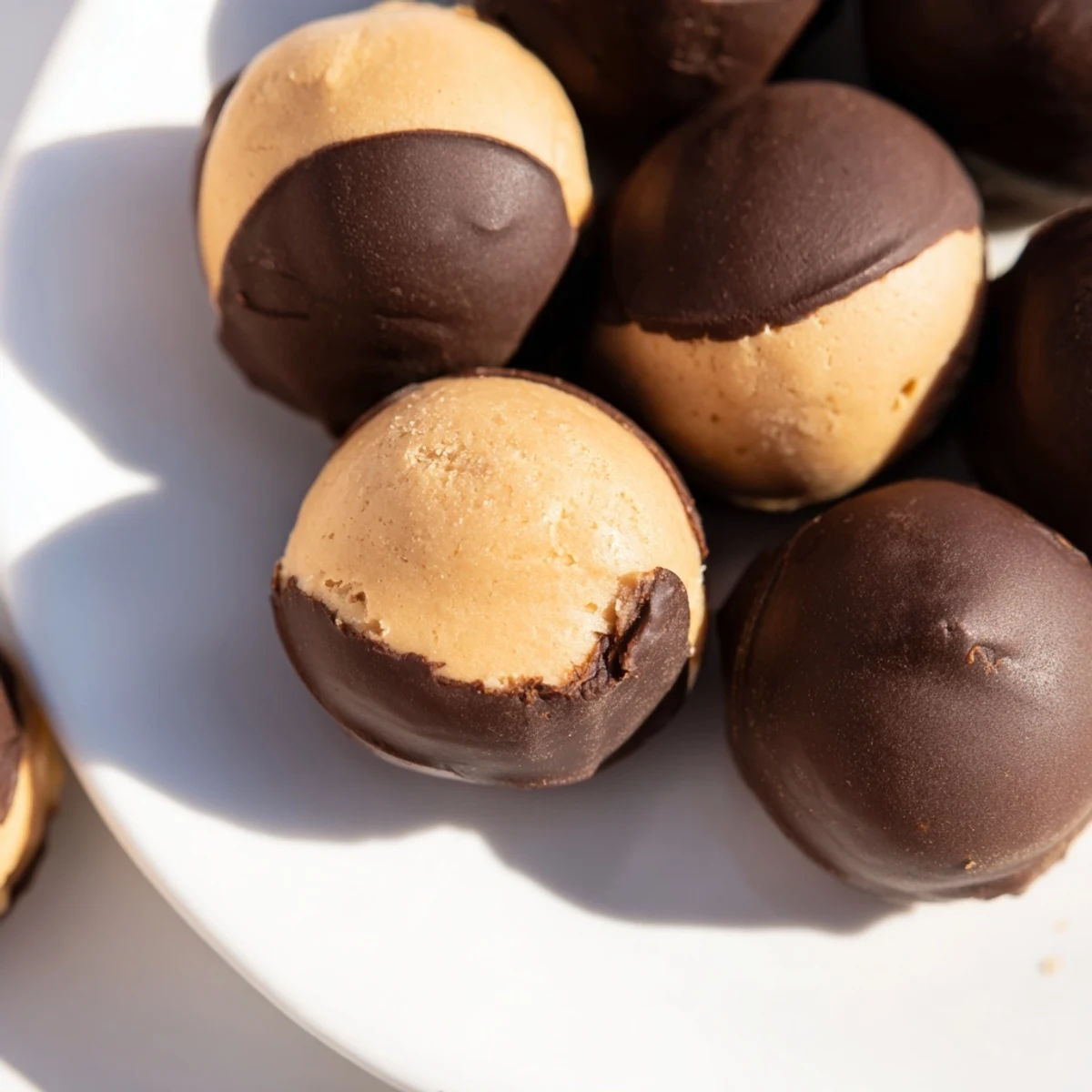 Close-up shot shows decadent Peanut Butter Buckeyes: creamy peanut butter centers dipped in dark chocolate.