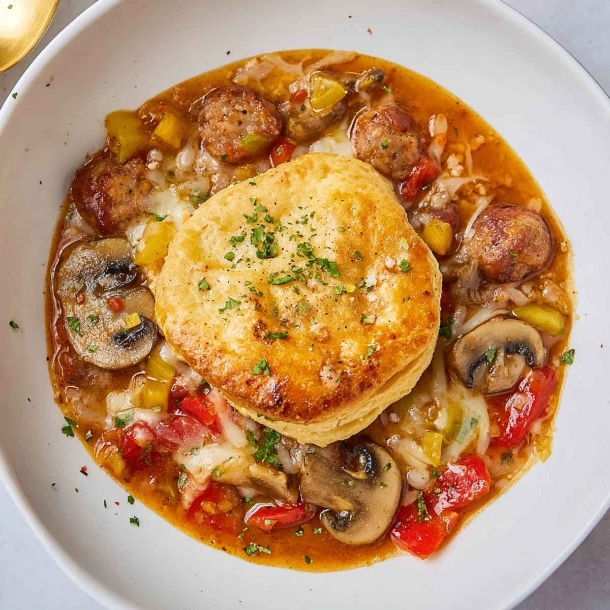 A steaming bowl of Pizza Pot Pie Soup, topped with melted mozzarella and fresh, green herbs.