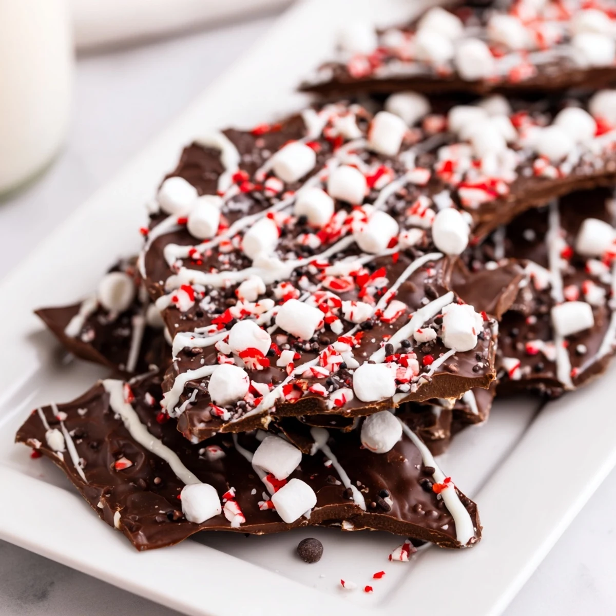 A delicious piece of Hot Chocolate Bomb Bark with marshmallows and peppermint on top.