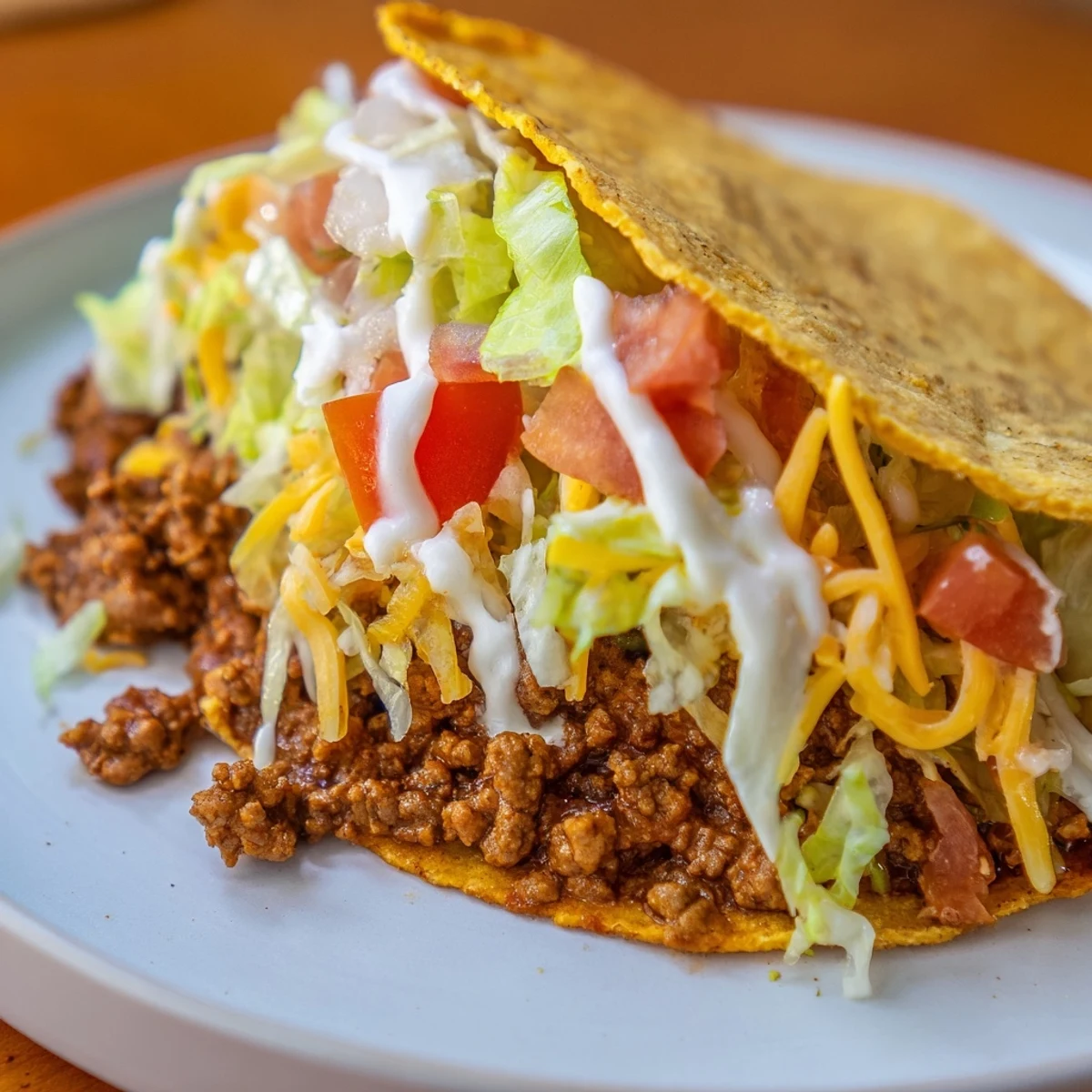 Golden, melted cheese holds a crunchy taco inside a warm Cheesy Gordita Crunch, ready to eat.