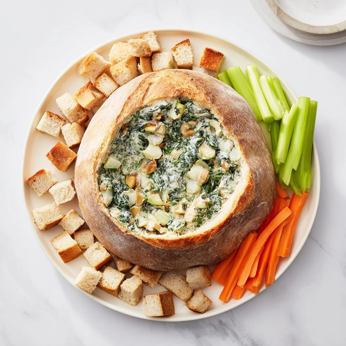 Warm, crusty bread bowl holding creamy, vibrant The Best Spinach Dip Ever, ready to scoop.