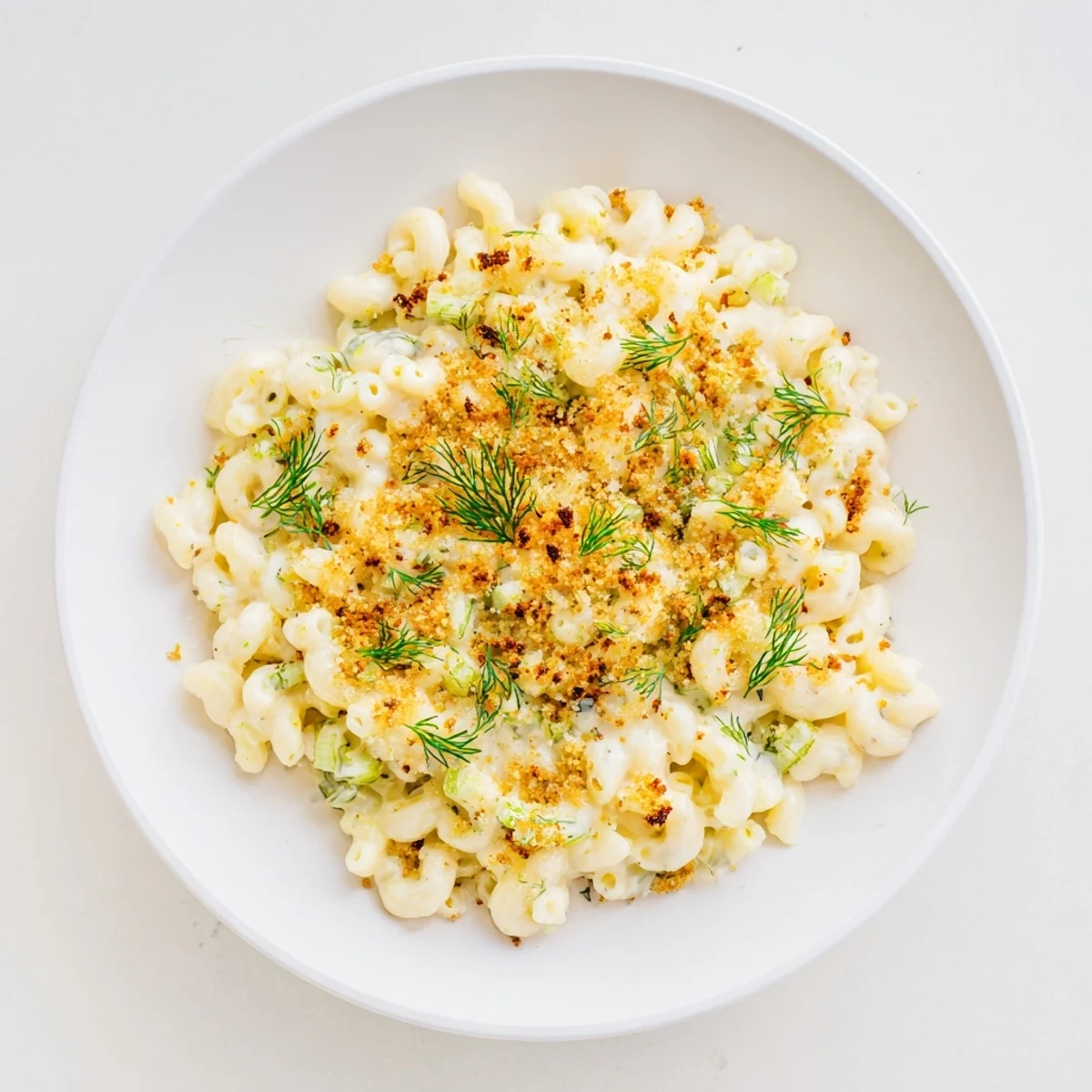 A close-up of creamy Pickle Mac and Cheese, studded with dill pickles and served hot.