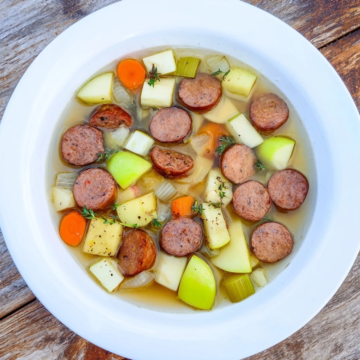 Golden brown Stovetop Sausage, Celery, and Apple Hotpot with tender vegetables, a one-pot meal idea.