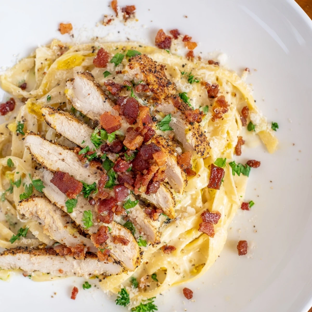 Golden, juicy slices of Southern Style Creamy Parmesan Chicken Pasta rest atop rich, white pasta.