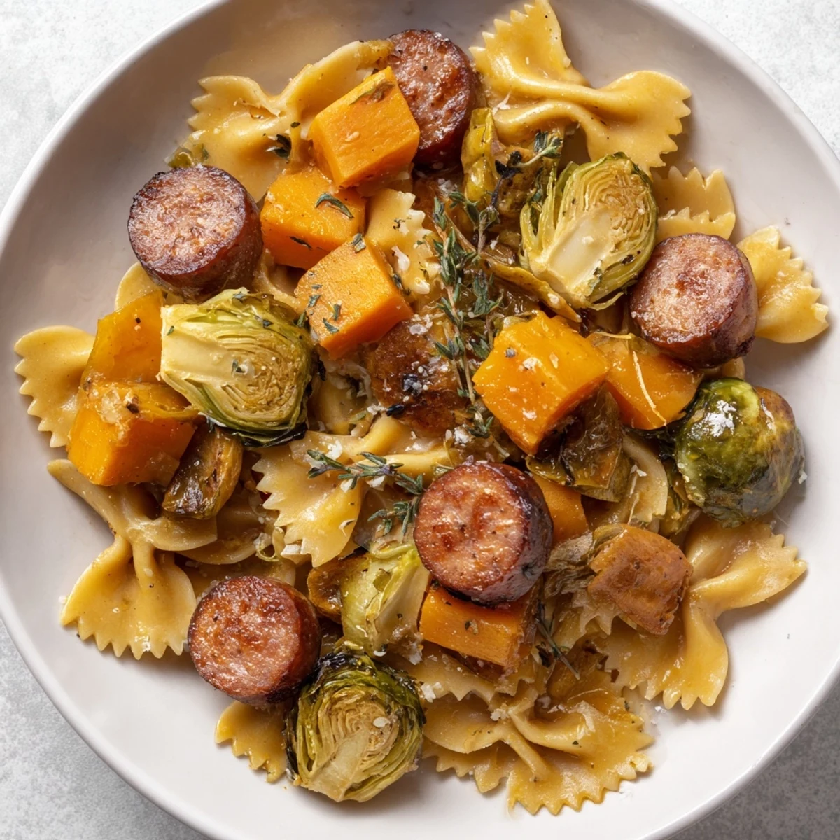 Golden brown Autumn Sausage Pasta Squash with roasted vegetables and savory sausage.