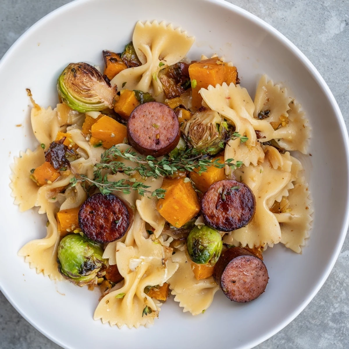 This delicious pan of Autumn Sausage Pasta Squash is ready to serve, perfect for a fall dinner.