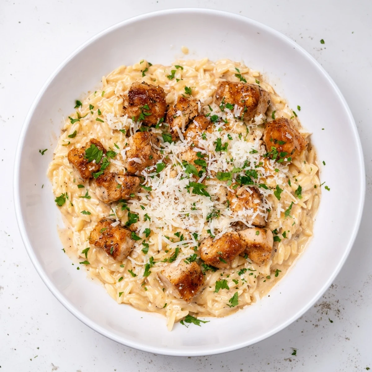 A steaming bowl of flavorful One-Pot Cajun Chicken Alfredo Orzo with tender chicken and Parmesan cheese.