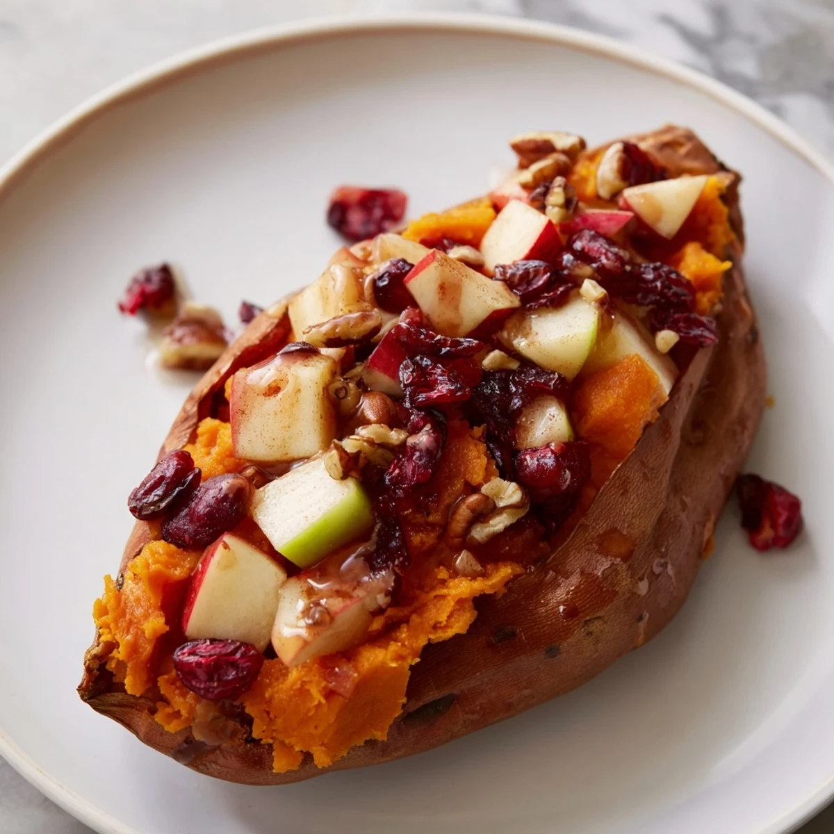 Golden-brown Cranberry Apple Twice-Baked Sweet Potatoes, bursting with fall flavors and sweet maple syrup.