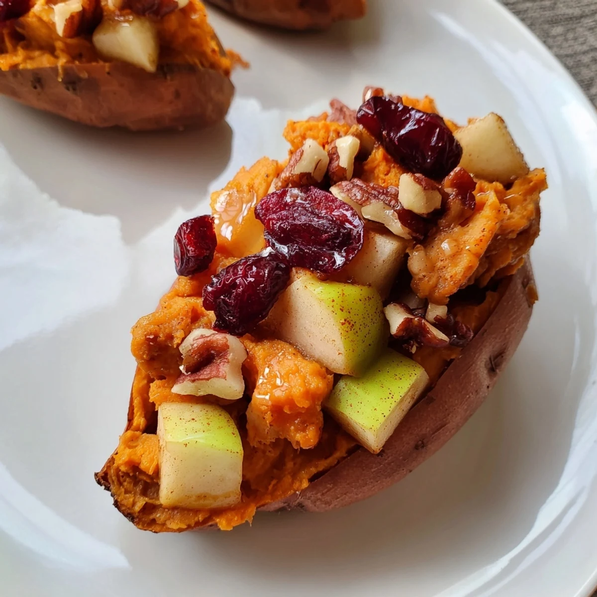 A close-up of vibrant Cranberry Apple Twice-Baked Sweet Potatoes, a comforting American side dish.