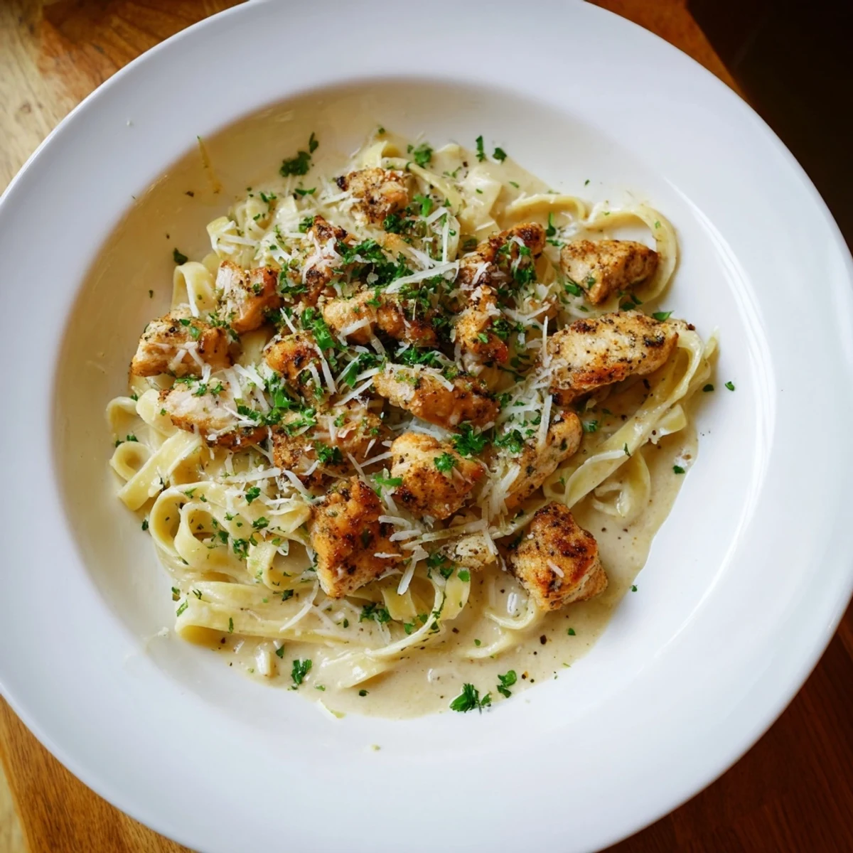 Golden Cowboy Butter Chicken Pasta, richly coated in creamy sauce, sprinkled with fresh parsley; a comforting meal.