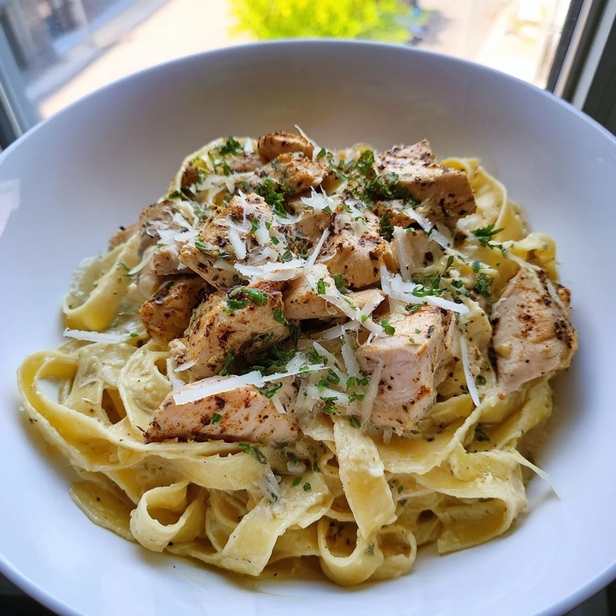 A close-up of Cowboy Butter Chicken Pasta: perfectly cooked pasta, creamy sauce, and seasoned chicken pieces.