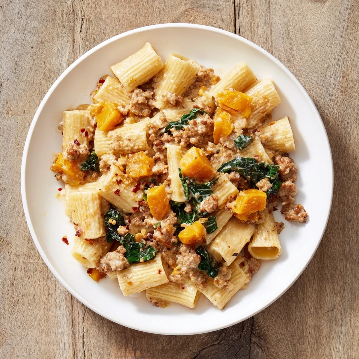 Creamy rigatoni with butternut squash glistens, featuring tender squash, sausage, and a parmesan swirl, ready to serve.