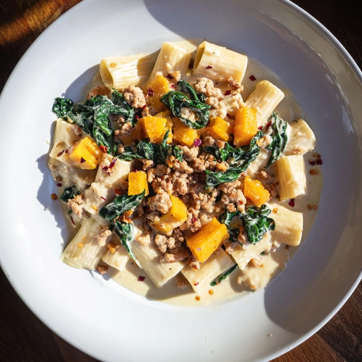 A forkful of creamy rigatoni with butternut squash shows the spicy sausage and colorful Swiss chard in this meal.
