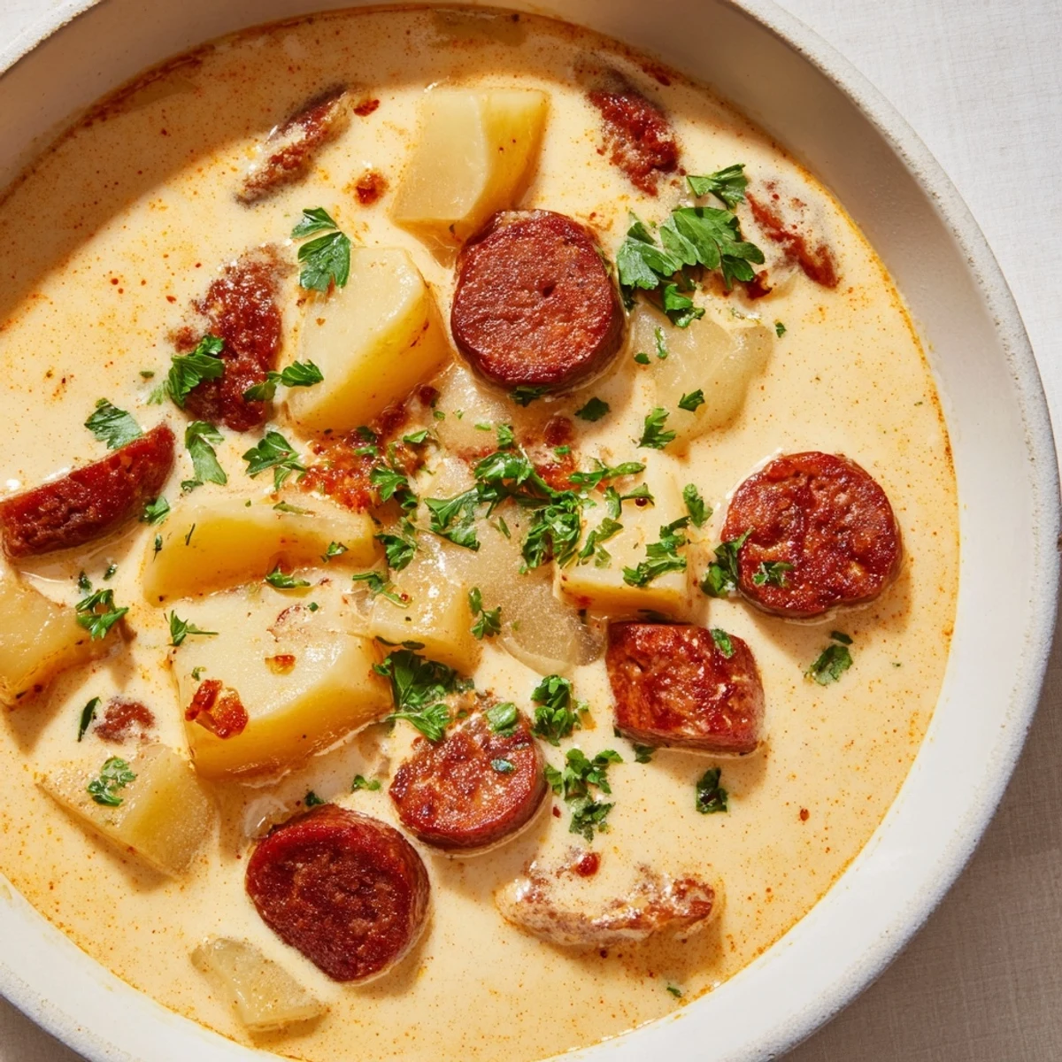 Close-up of a bubbling bowl of Creamy Chorizo Potato Soup, garnished with fresh parsley for serving.
