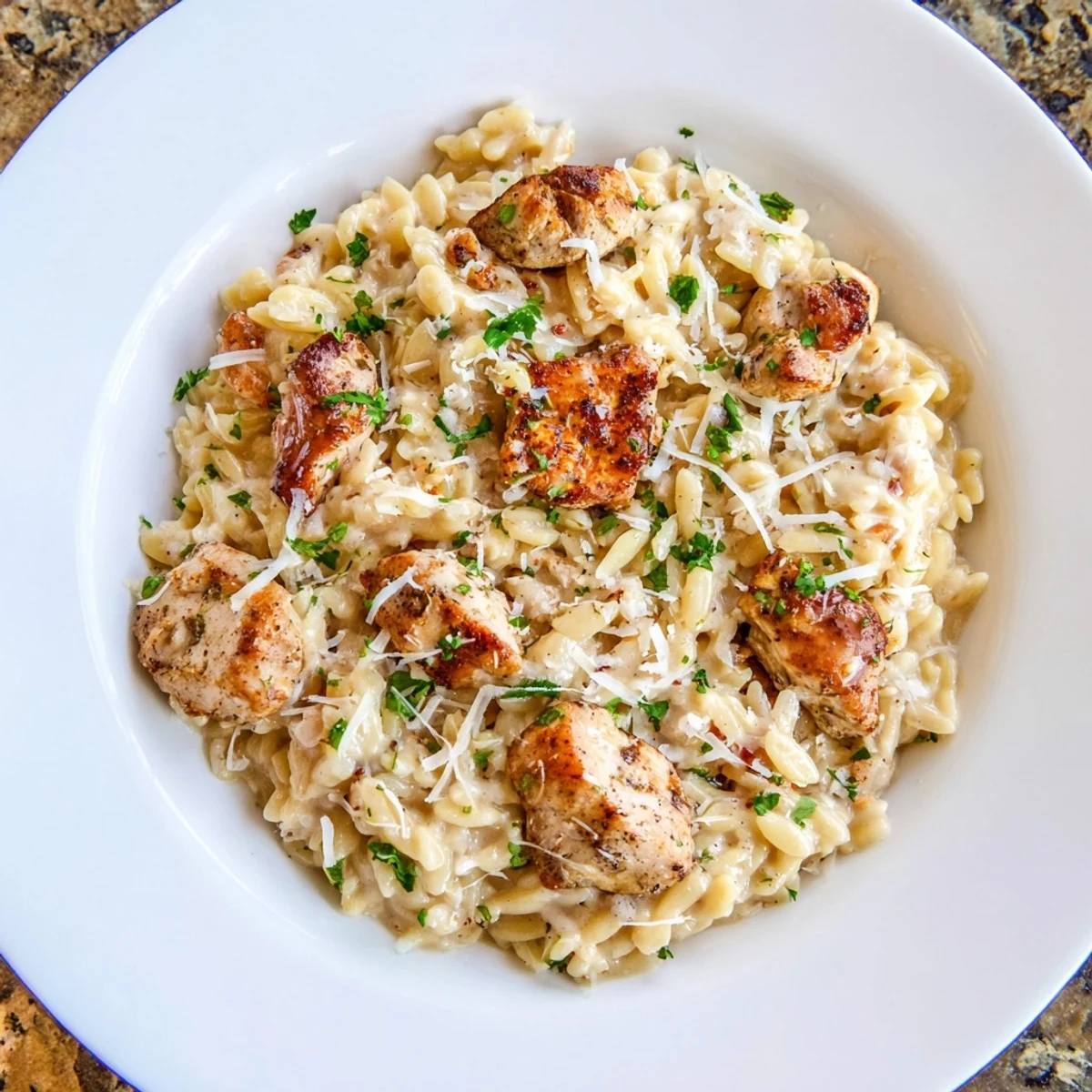 This photo shows a bubbling One-Pot Cajun Chicken Alfredo Orzo, ready to serve with Parmesan garnish.