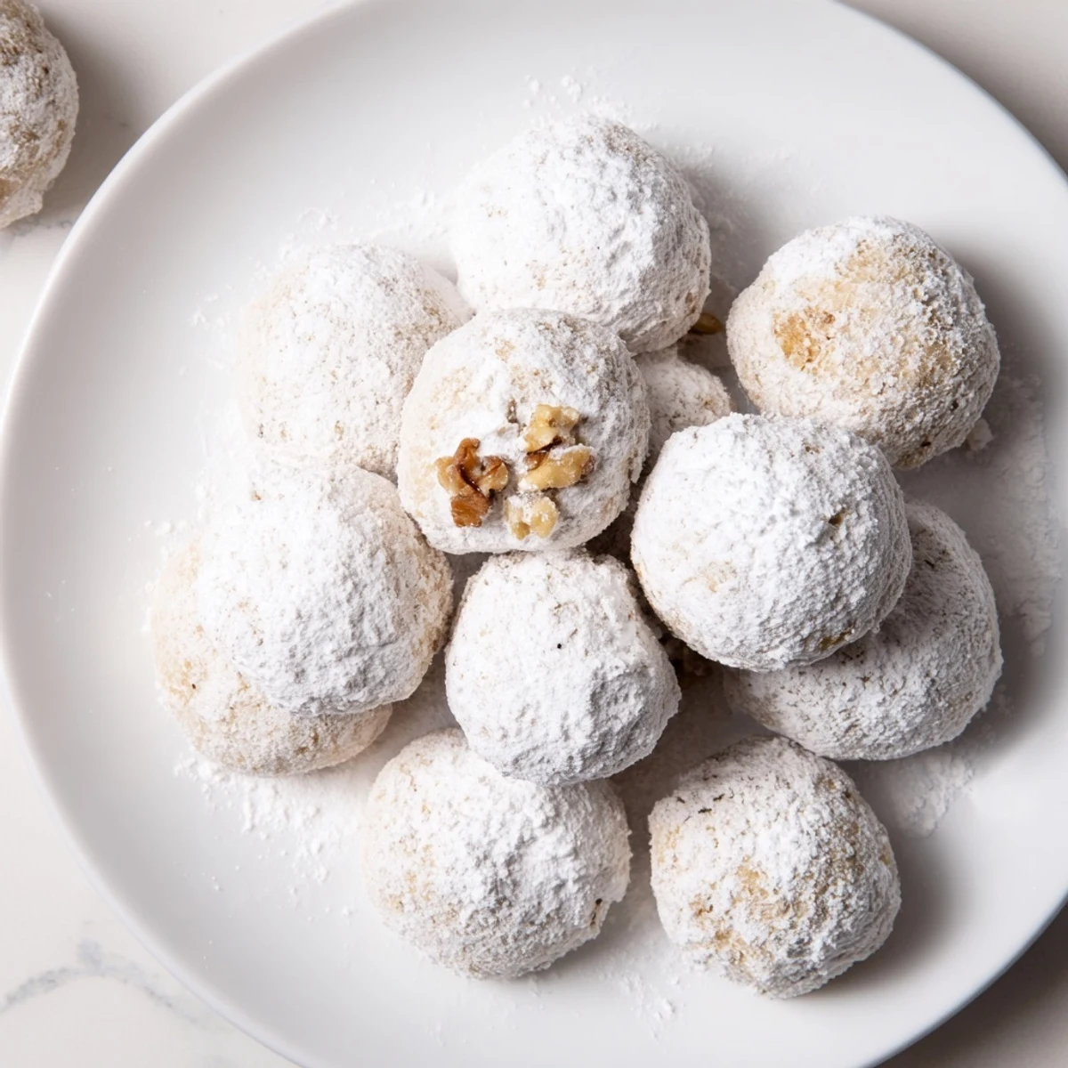 Close-up of freshly made Budget-Friendly Snowball Cookies, showcasing their delicate, crumbly texture and white coating.