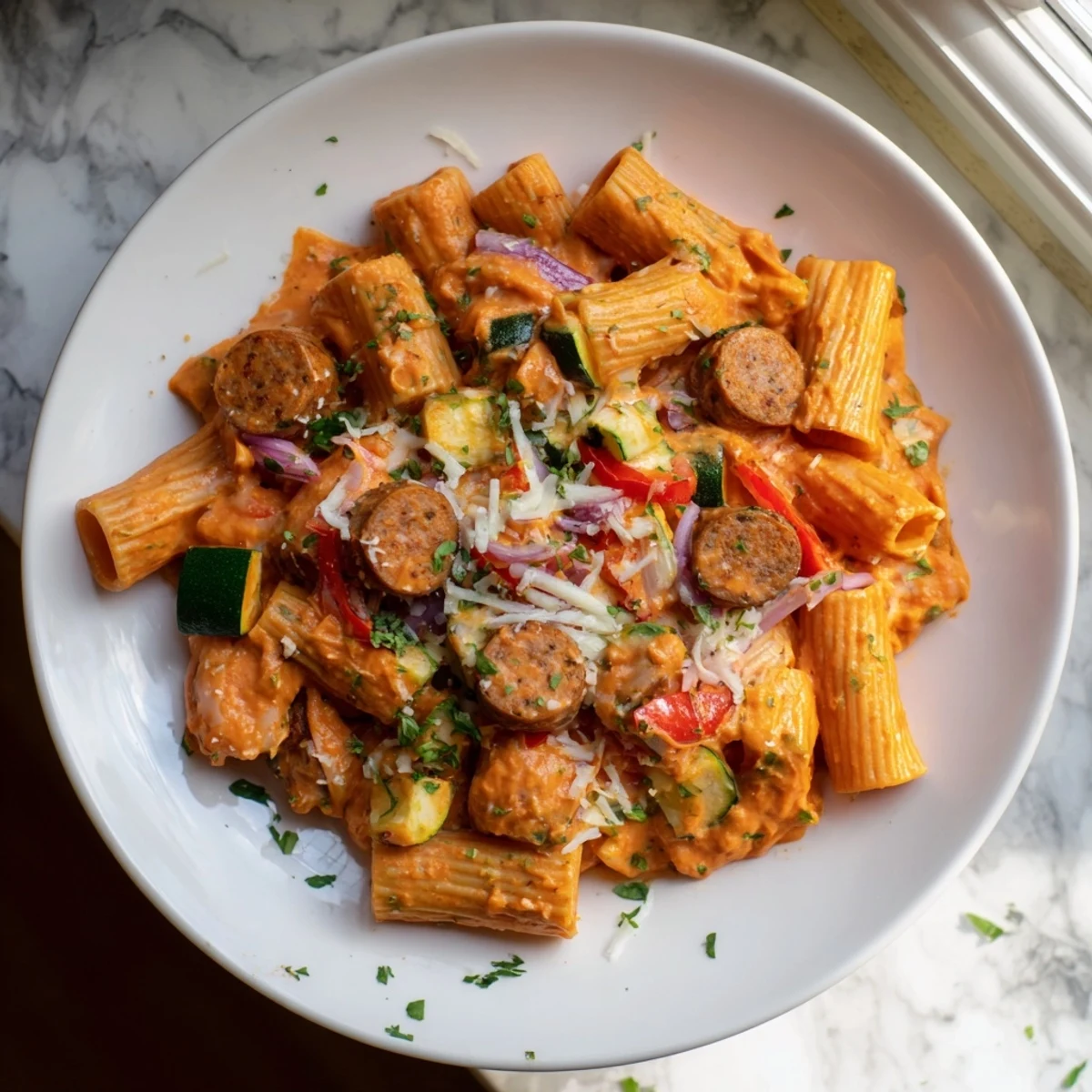 Golden, bubbly spicy vegan chorizo pasta with vibrant vegetables; a vegan comfort meal.