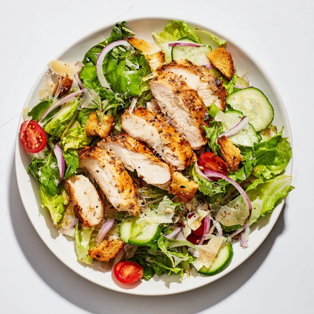 A close-up of a delightful Quick Crunchy Lemon Parmesan Chicken Salad, showcasing flavorful chicken and crunchy croutons.