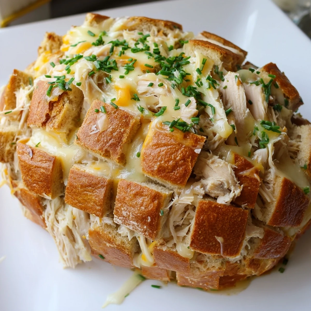 Savory, pull-apart pieces of Cheesy Leftover Chicken Bake, generously stuffed with cheese and chicken.