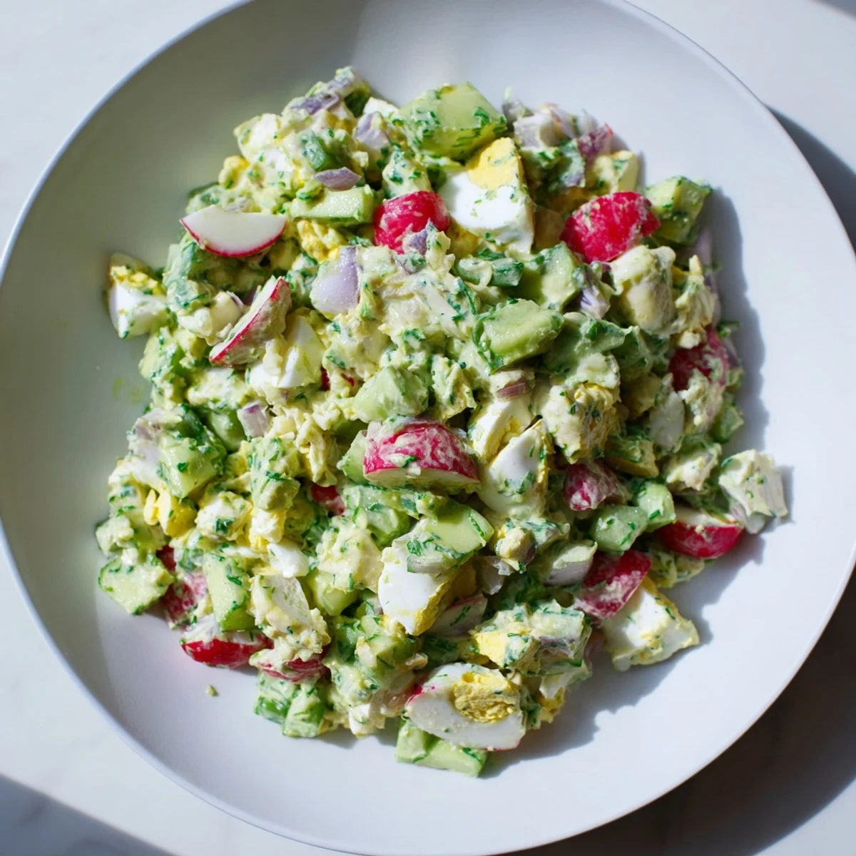 Freshly made Green Goddess Chopped Egg Salad, a vegetarian delight, served on a bed of crisp romaine lettuce.