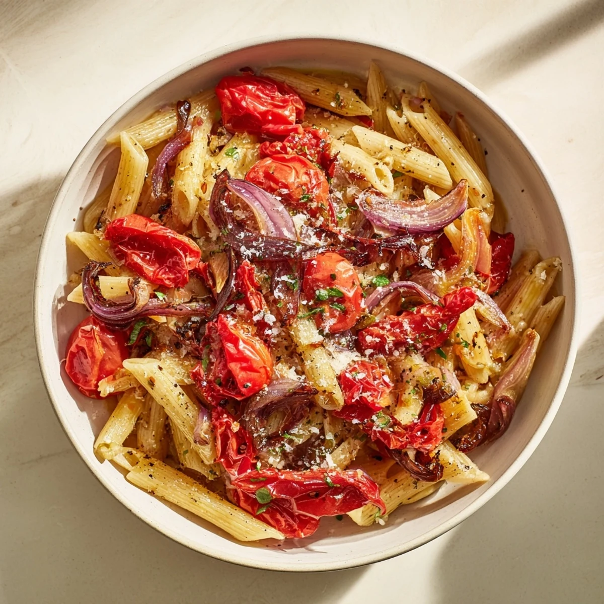 Baked Tomato & Olive Oil Pasta with roasted tomatoes and herbs, a simple vegetarian meal.