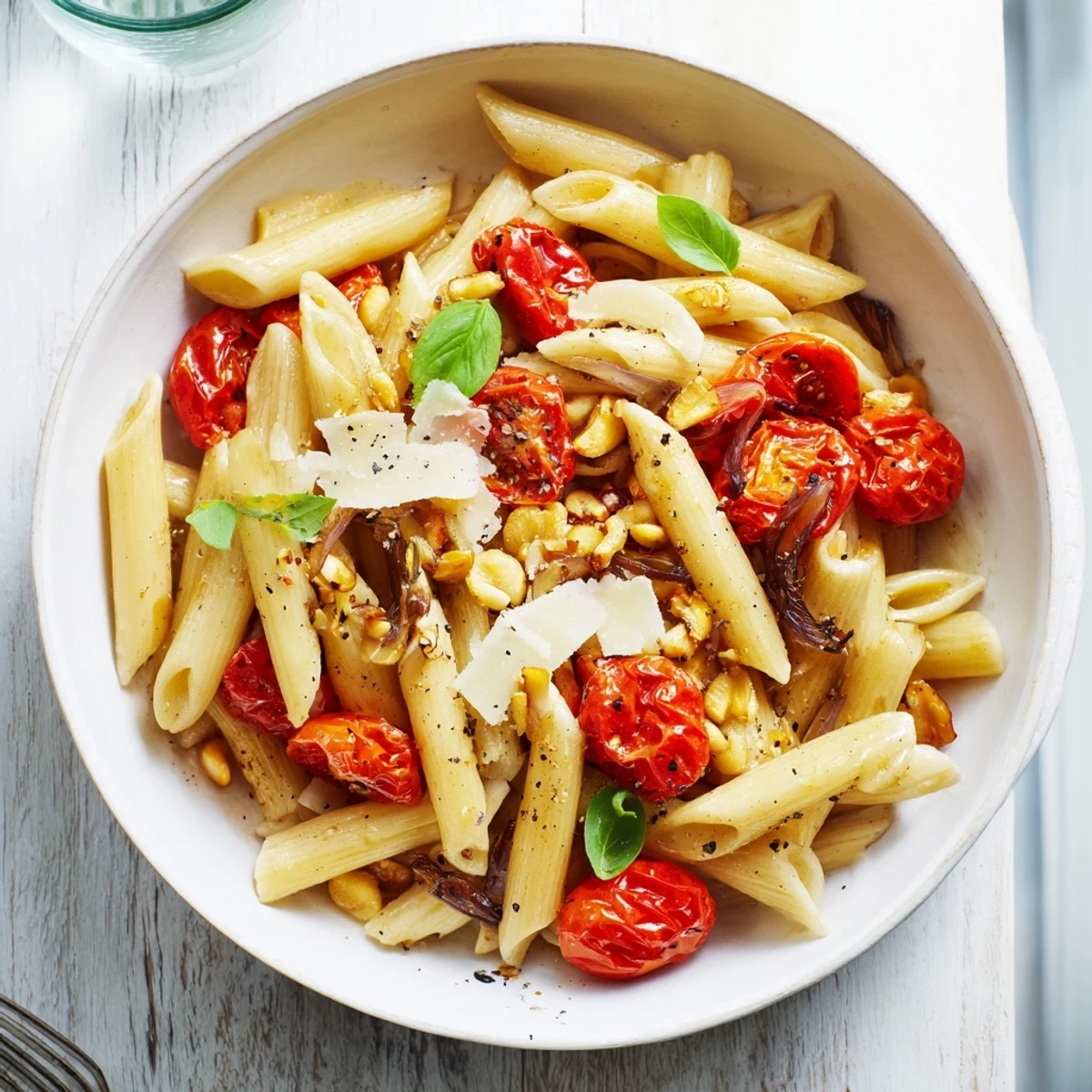 A serving of warm Baked Tomato & Olive Oil Pasta, glistening with olive oil and fresh basil leaves.