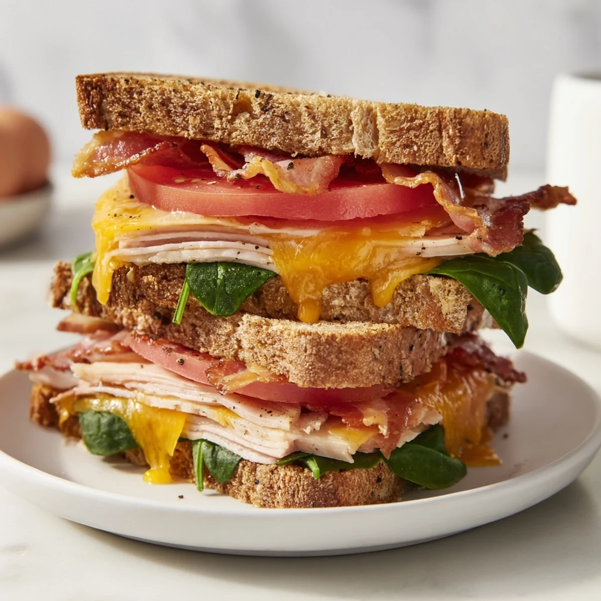 Freshly made, oozing Turkey Bacon, Spinach & Tomato Grilled Cheese, perfect for a satisfying, high-protein meal.