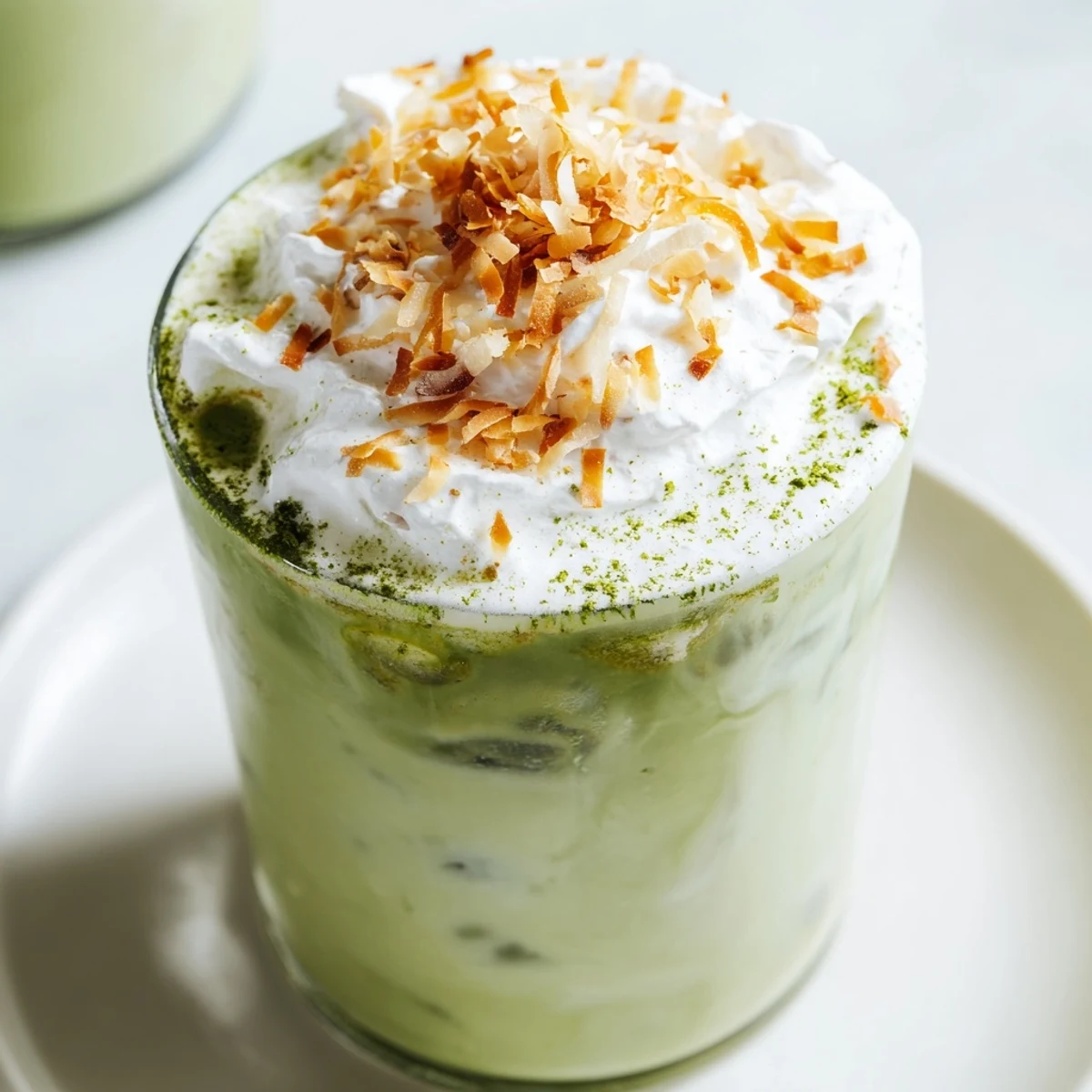 Frothy, vibrant green Toasted Coconut Gingerbread Iced Matcha with whipped cream, ready to enjoy.