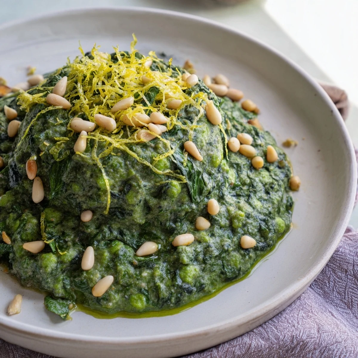 Creamy Green Pea & Spinach Pasta swirled with vibrant, fresh sauce, ready to be served.