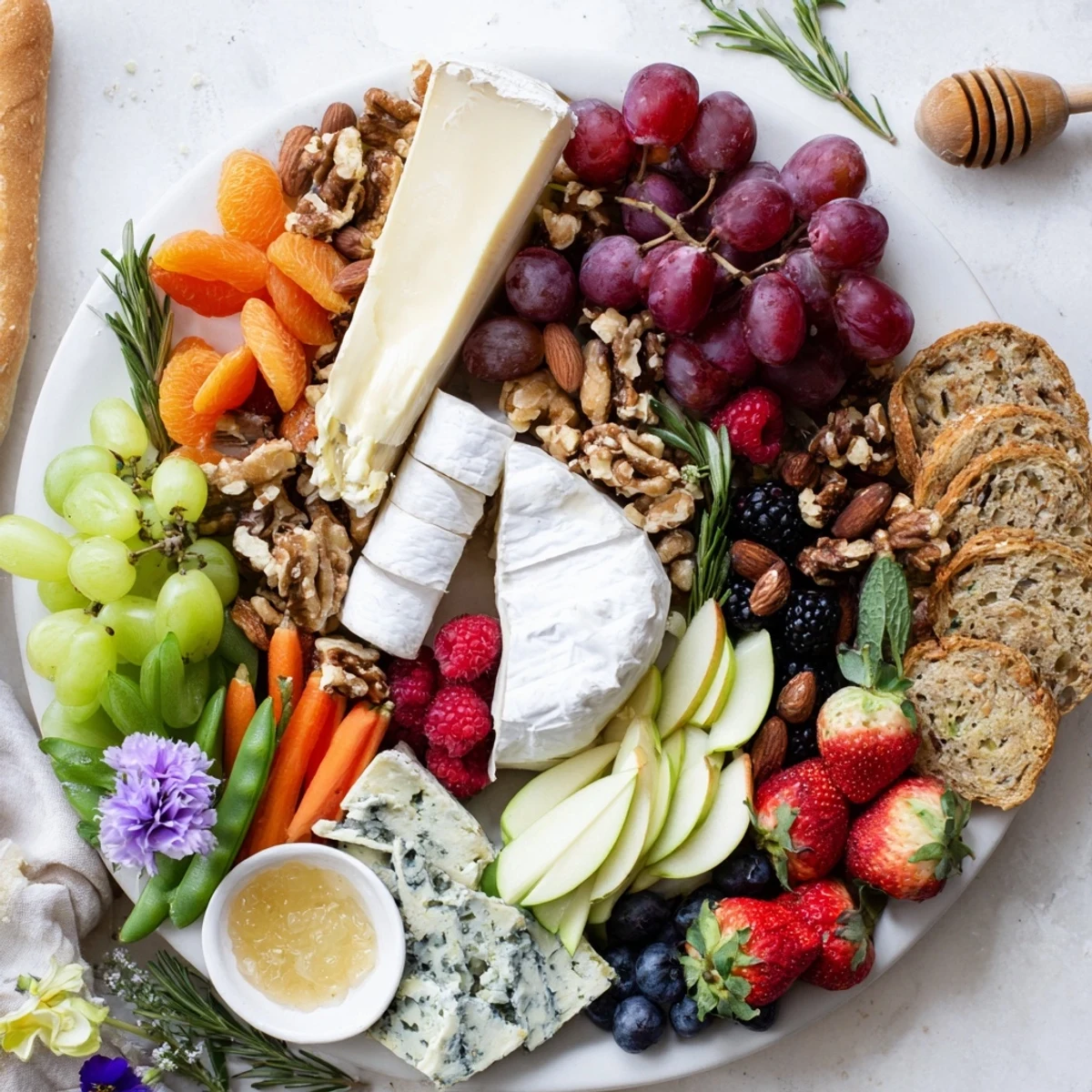 This Enchanted Forest Grazing Board shows a delicious arrangement of fresh ingredients, perfect for a party.