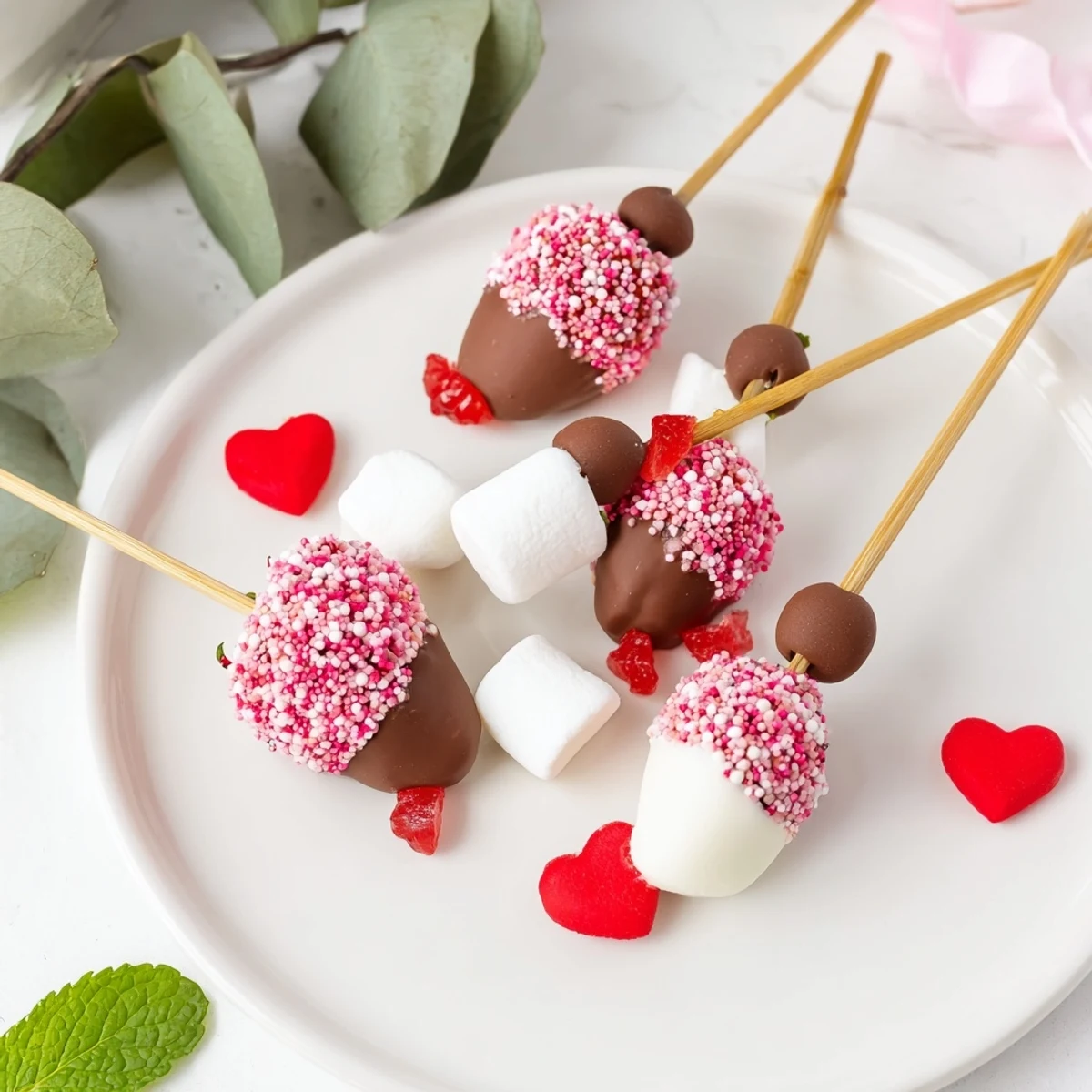 A vibrant Cupid's Arrow Candy Tray, showcasing dipped strawberries, heart gummies, and chocolate arrows.