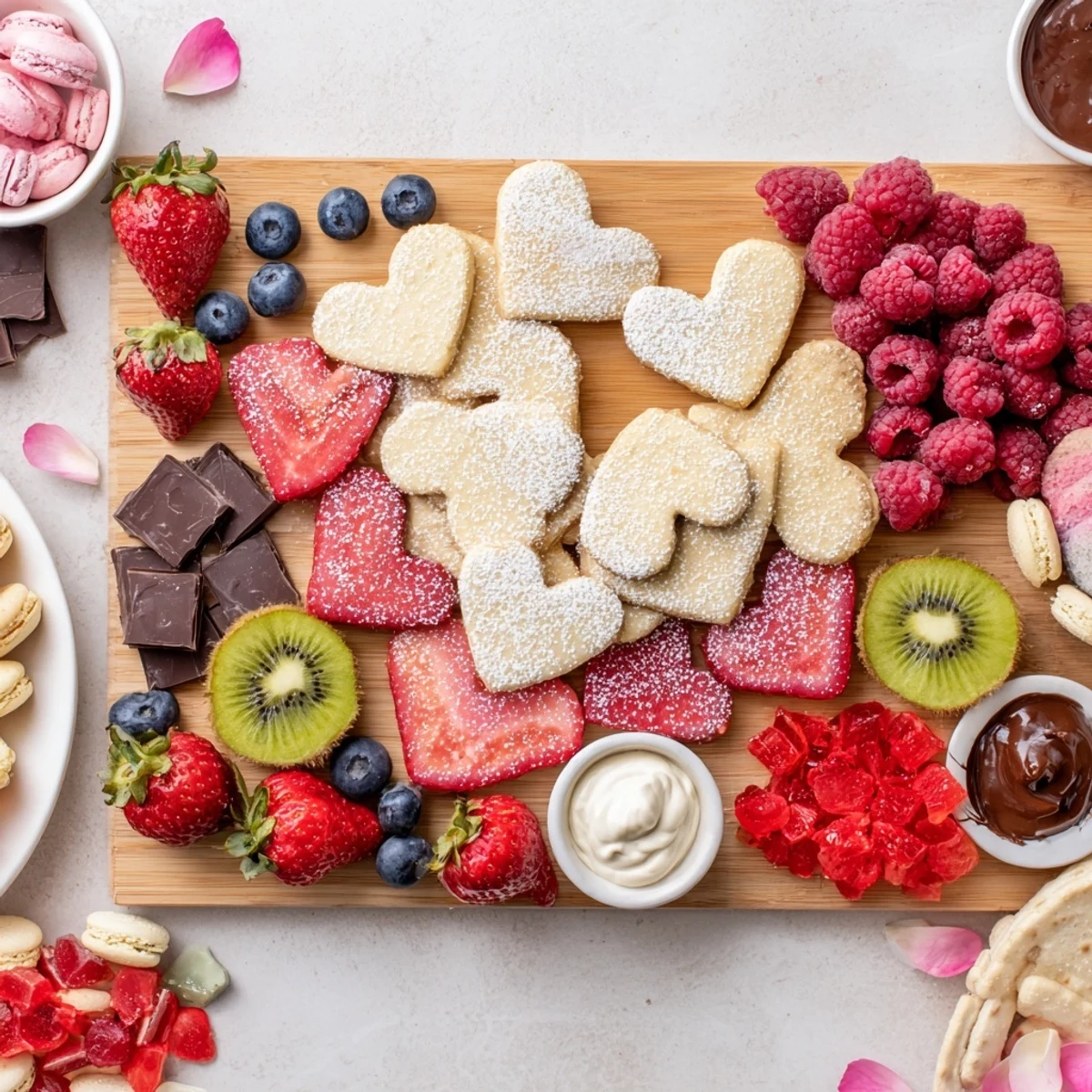 This vibrant Love Letter Dessert Board includes heart-shaped cookies and chocolate dipped strawberries, perfect.