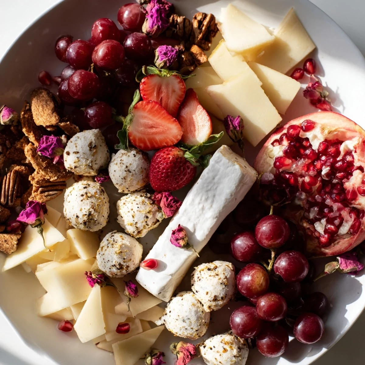 This elegant Rose Garden Romantic Platter displays colorful fruits, artisanal cheeses, and a sweet rose petal jam.