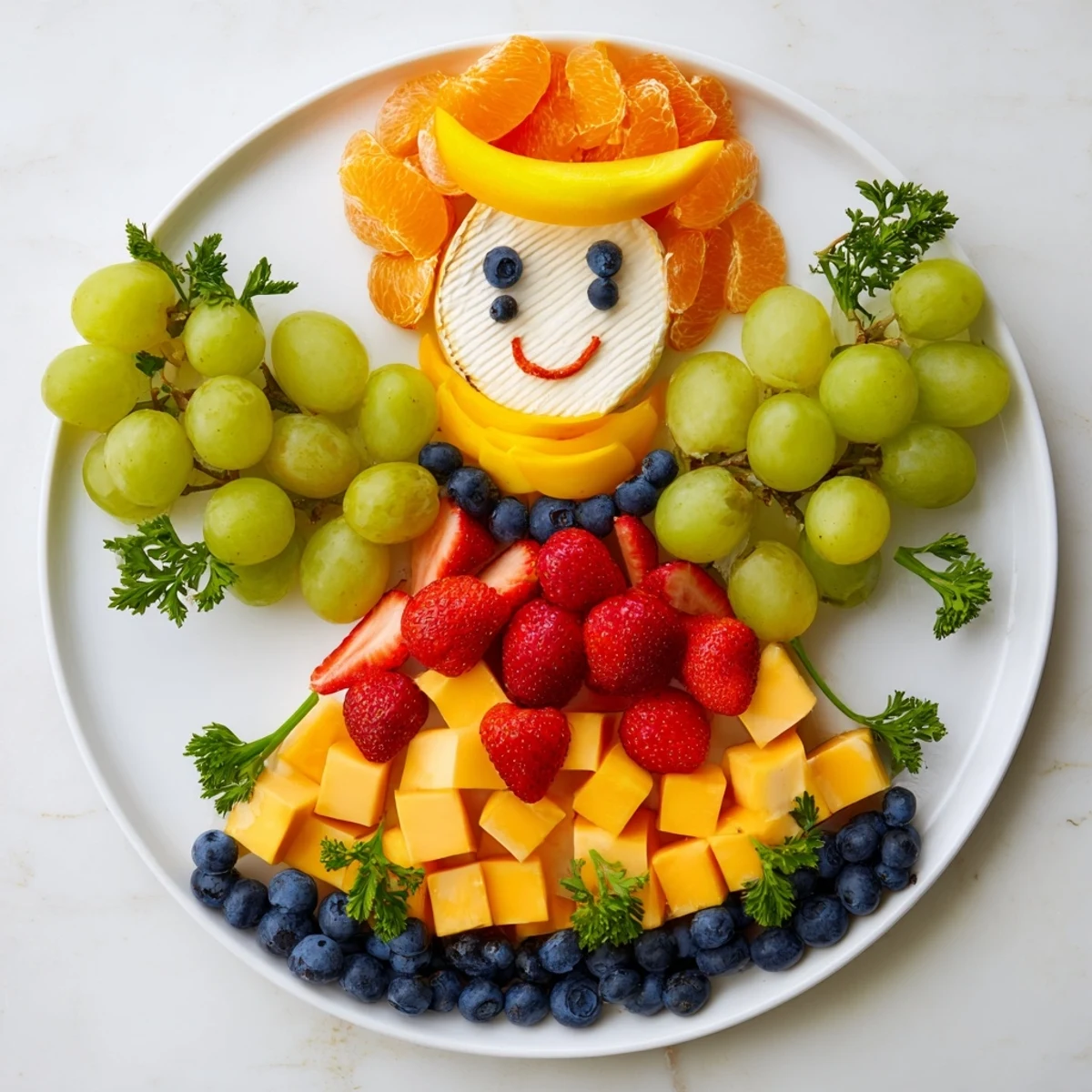 Close-up of a whimsical Cherub Angel Snack Tray with fresh fruit and savory cheese squares ready to enjoy.