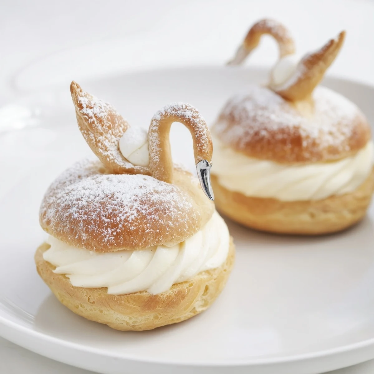 Delicate swan-shaped Feathered Friend pastry recipe, dusted with powdered sugar, ready for a special dessert.