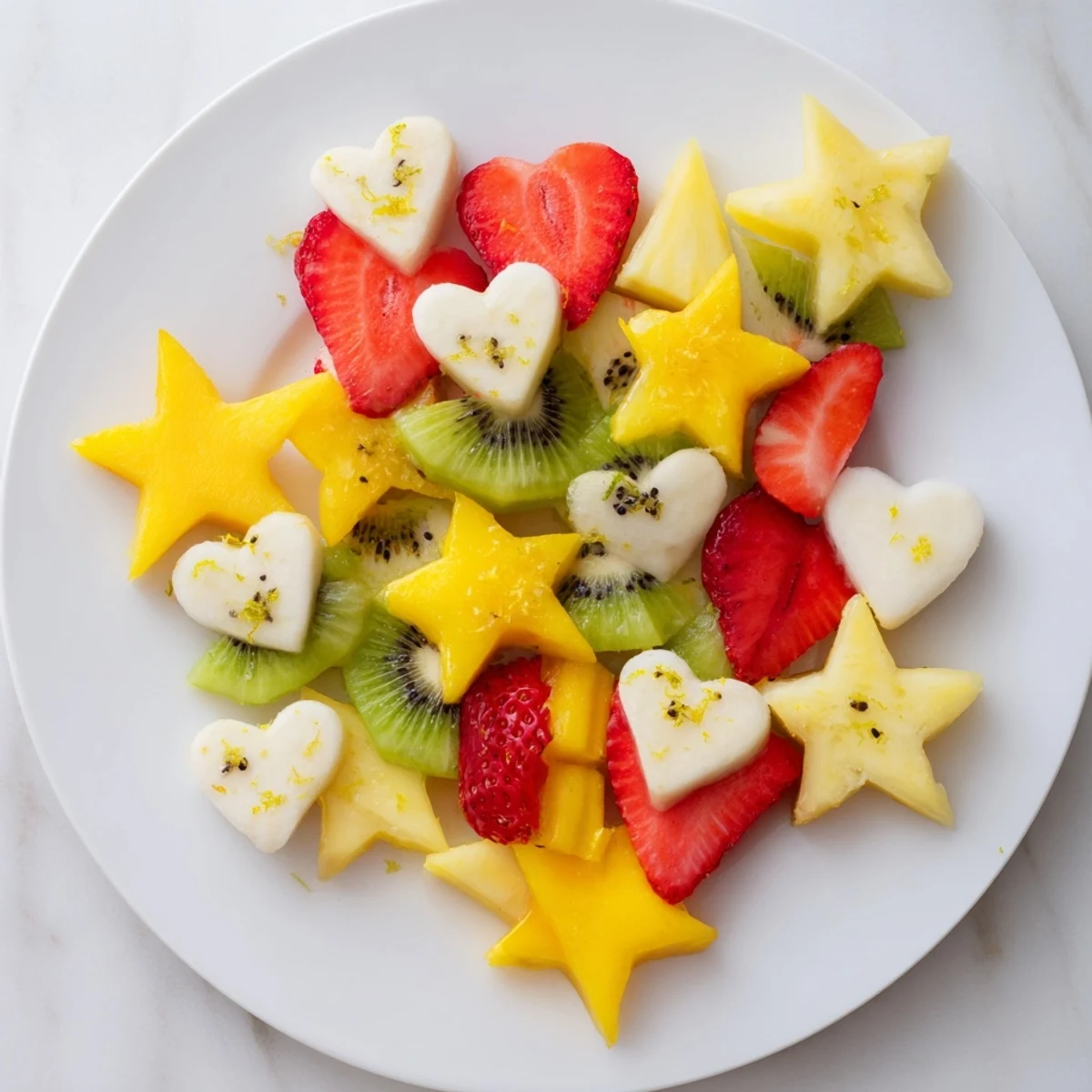 Midnight Kiss star & heart garnishes, vibrant kiwi and strawberry hearts floating on a cocktail.