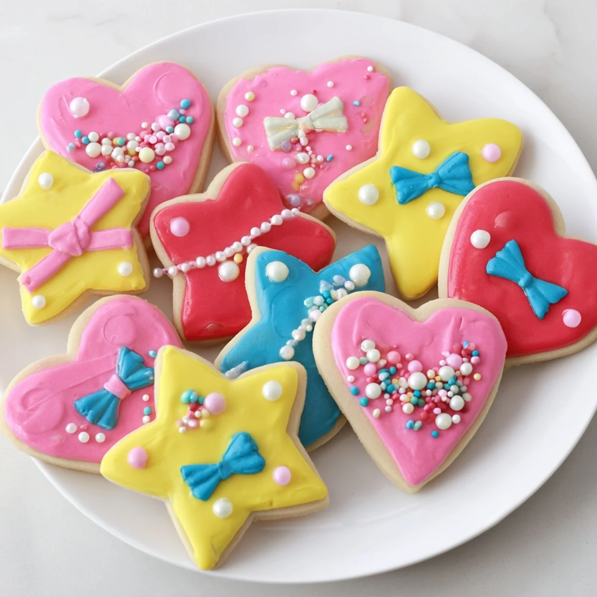 Pretty Bows Heart & Star Cookies bursting with bright icing and sprinkles, ready for gifting or enjoying with tea.