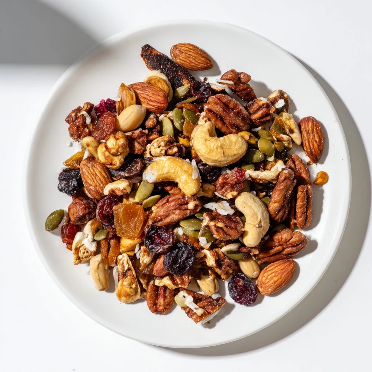 Aromatic, oven-baked Nutty Nosh Squirrel Snack Mix in a bowl, with cranberries and raisins.