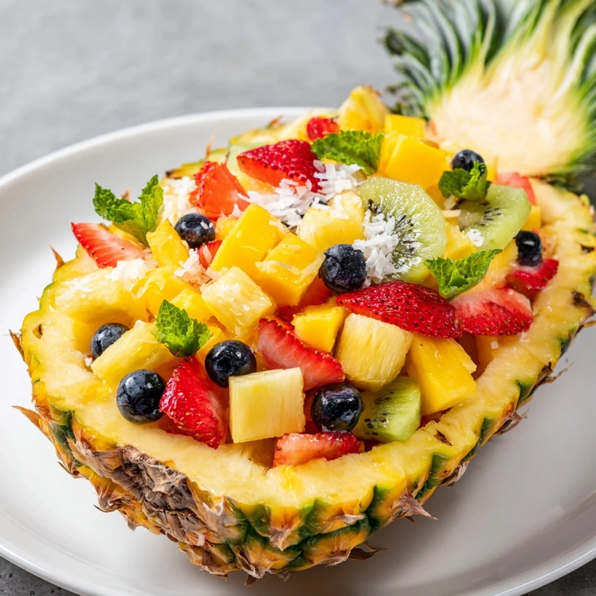 This eye-catching Tropical Bliss Pineapple Fruit Boat features pineapple, mango, and berries with lime dressing.