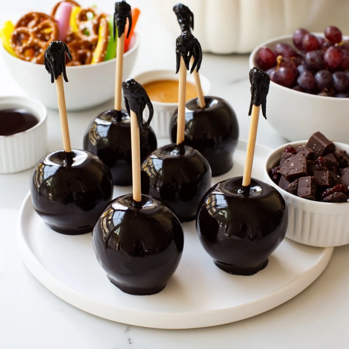 Close-up of a Poison Apple Halloween Treat Board featuring gleaming, dark apples surrounded by festive sweets.