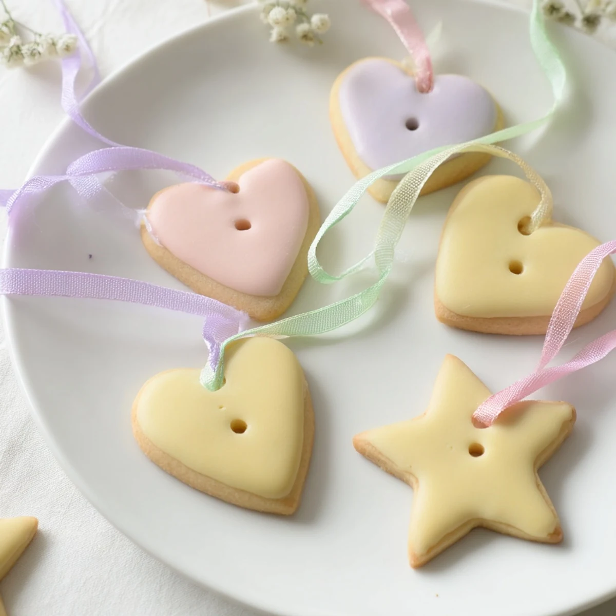 Golden baked Mignonneries Coeurs et Étoiles Rubans cookies, heart and star shapes, ready for ribbons.