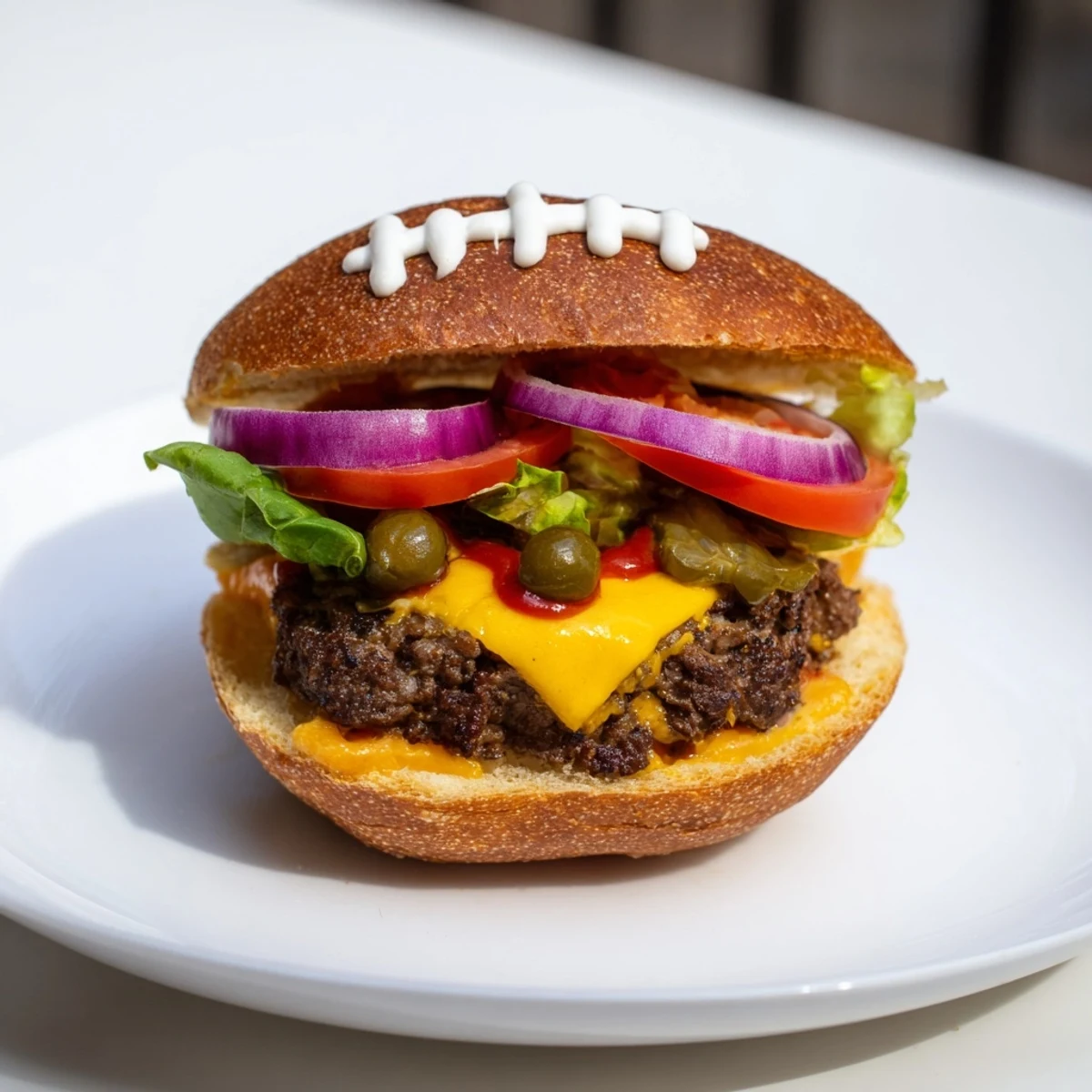 Savory American Football Oval Burger Platter, piled high with melted cheese and fresh toppings, ready to eat.
