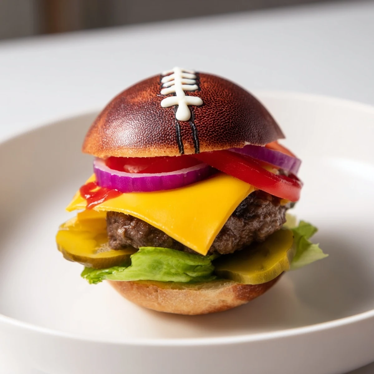 Golden-brown American Football Oval Burger Platter with mini oval burgers, perfect for a game day feast.
