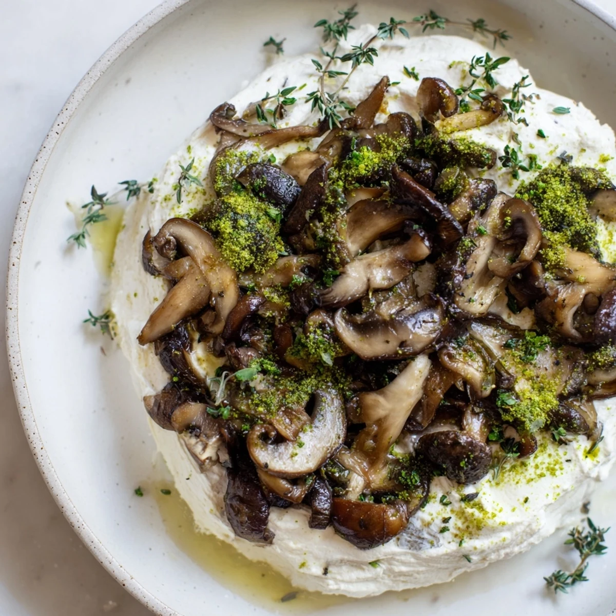 Savory Cottagecore Mushroom and Moss Platter featuring perfectly sautéed wild mushrooms and creamy goat cheese.