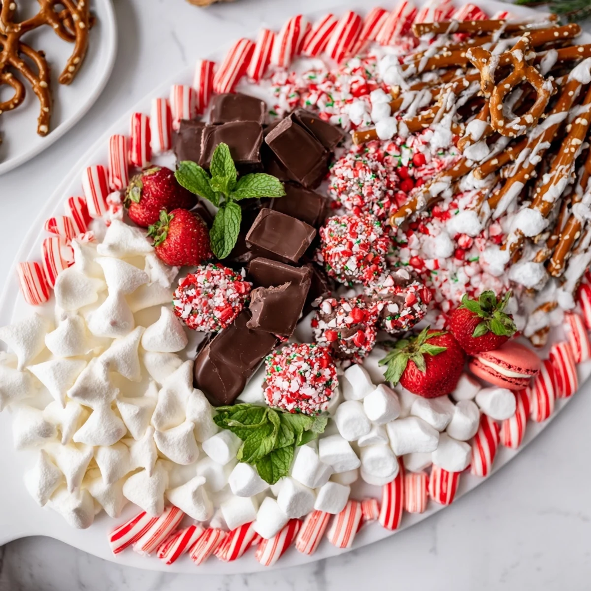 Festive Candy Cane Dessert Platter features an array of colorful treats, perfect for holiday snacking.