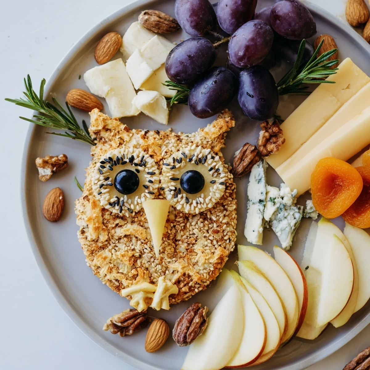 A beautifully arranged Owl Cracker and Cheese Board, perfect for sharing and themed gatherings.