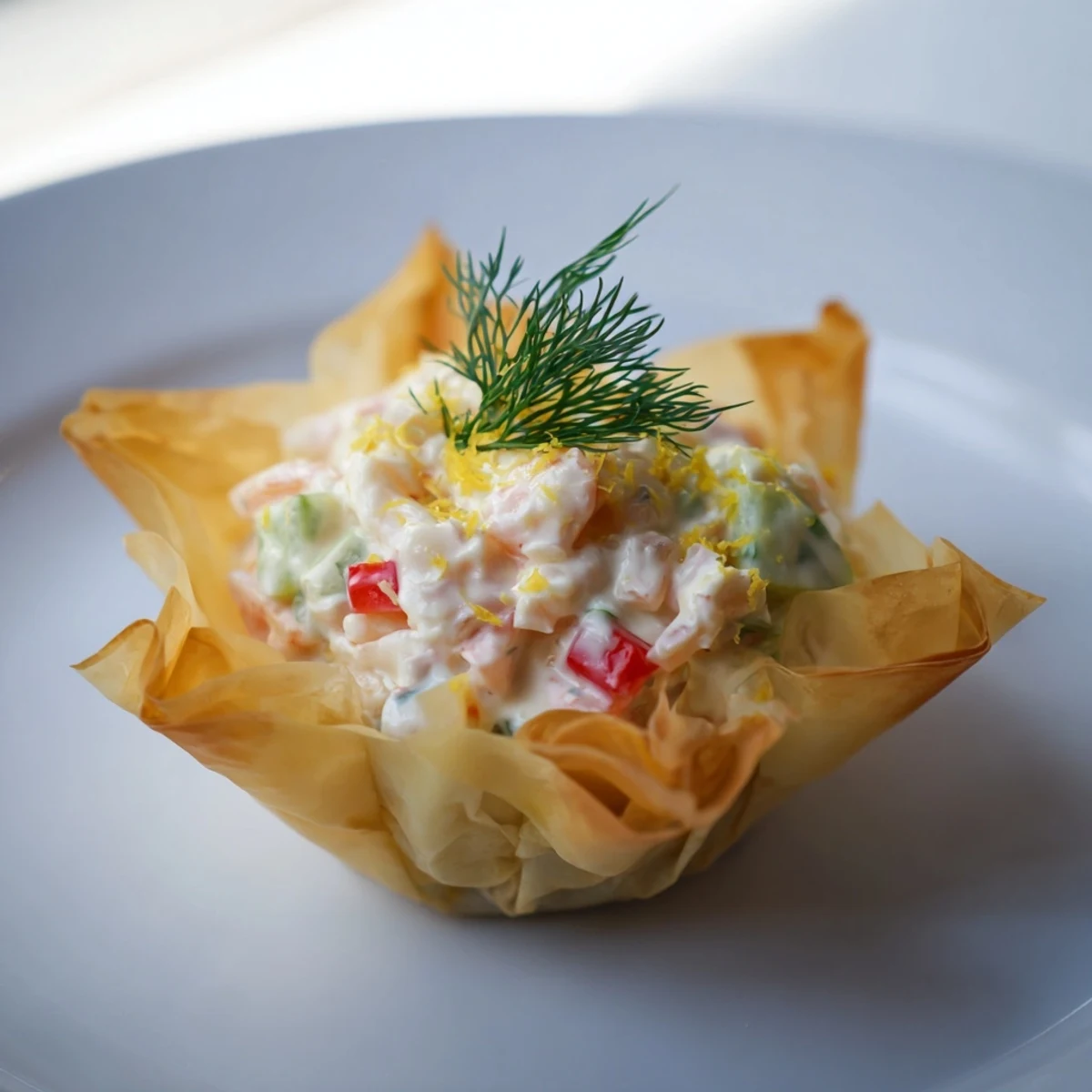 Golden, crispy Mini Star Cocktail Cups filled with savory shrimp salad, topped with fresh dill sprigs.